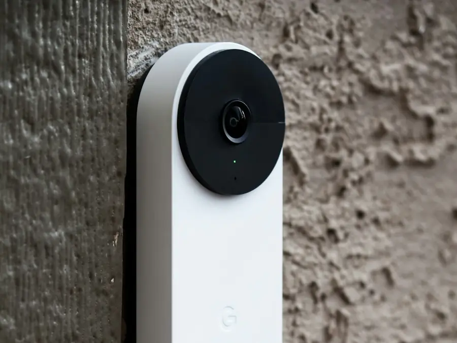 Video doorbell camera mounted on a textured exterior wall